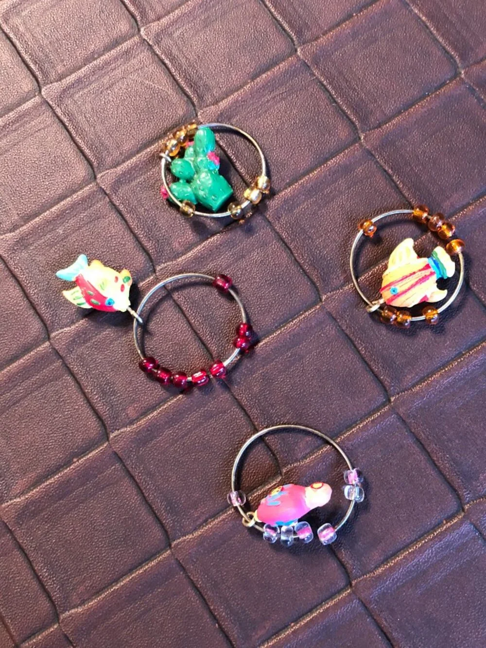 Wine Glass Charms 4 Pieces Colorful Cactus & Fish